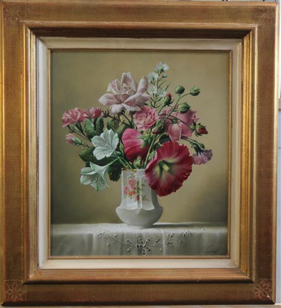 Pieter Wagemans (b.1948) Roses and hollyhocks, 15 x 13in.